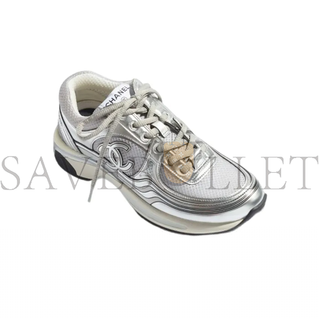Ch*el fabric laminated calfskin stretch cc sneakers white silver g39792